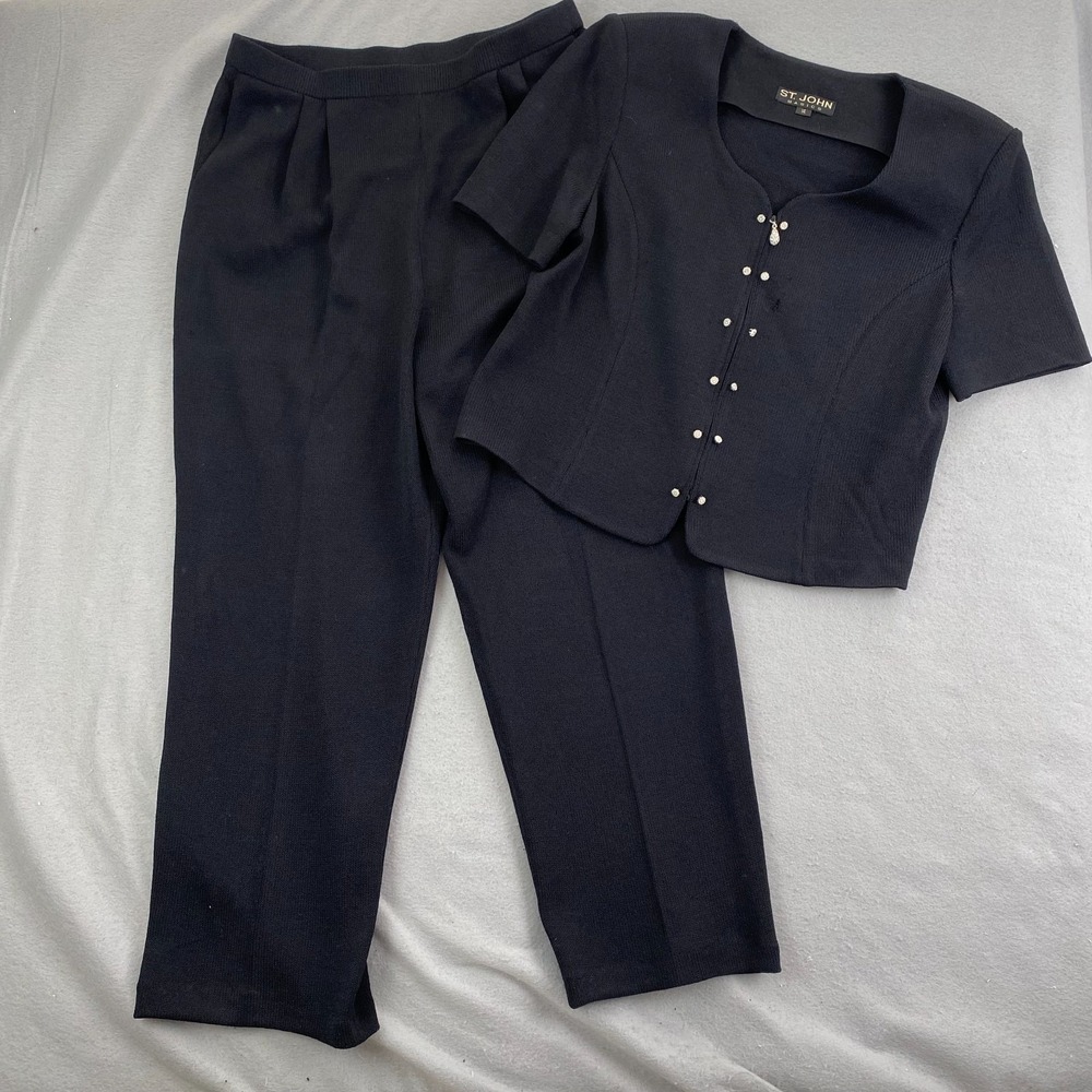 ST. John Basics Knit Cardigan Pants Set Black Womens 14 full zip